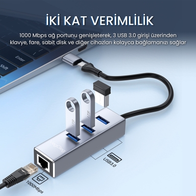 VegGieg USB ve Type-C Gigabit Ethernet Adaptörü 3 Port USB 3.0 Çoklayıcı Hub - 6
