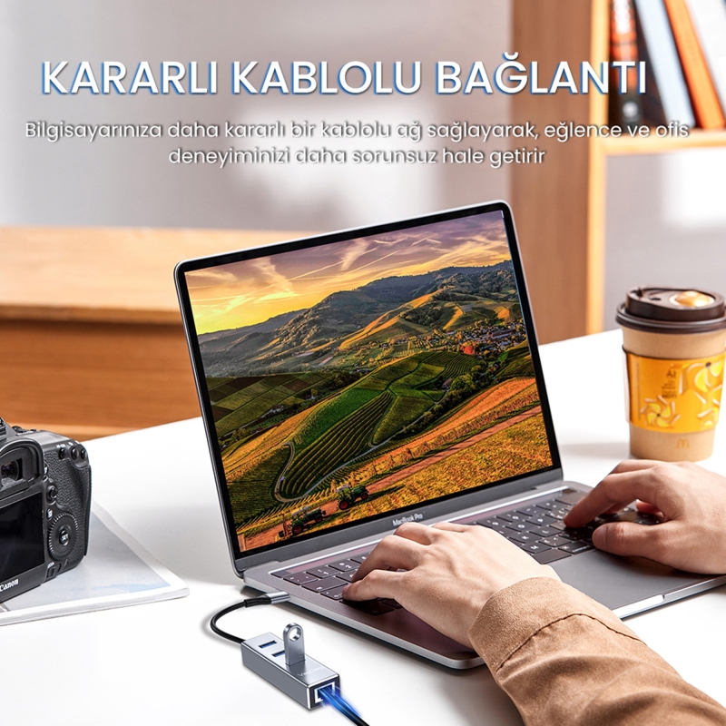 VegGieg USB ve Type-C Gigabit Ethernet Adaptörü 3 Port USB 3.0 Çoklayıcı Hub - 7