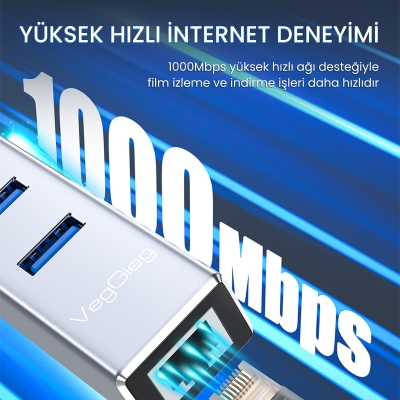 VegGieg USB ve Type-C Gigabit Ethernet Adaptörü 3 Port USB 3.0 Çoklayıcı Hub - 2
