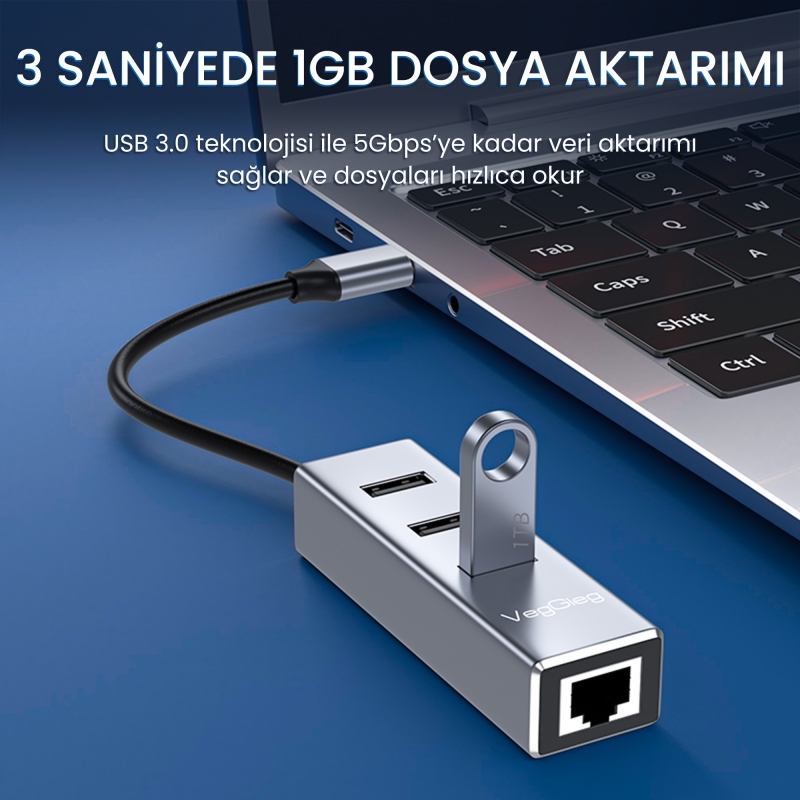 VegGieg USB ve Type-C Gigabit Ethernet Adaptörü 3 Port USB 3.0 Çoklayıcı Hub - 4