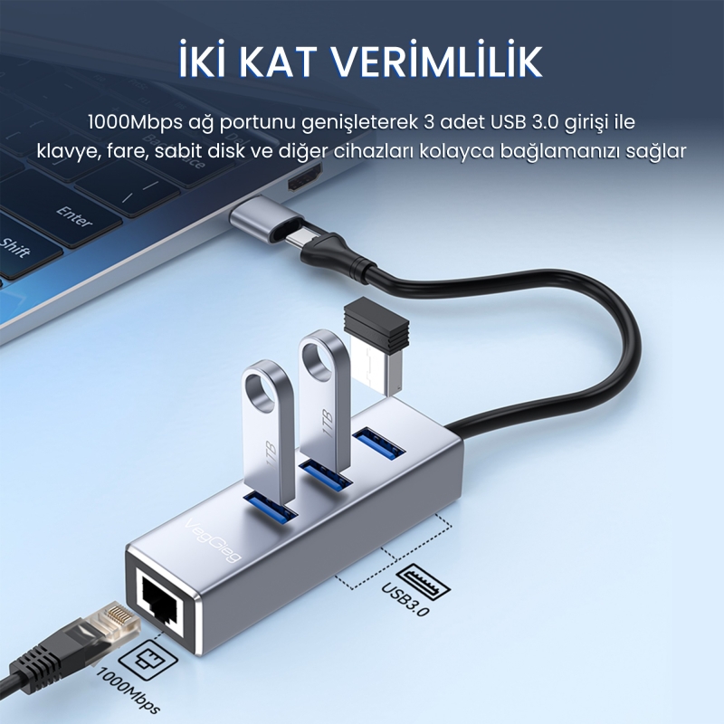 VegGieg USB ve Type-C Gigabit Ethernet Adaptörü 3 Port USB 3.0 Çoklayıcı Hub - 5