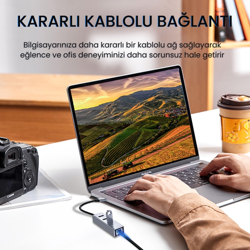 VegGieg USB ve Type-C Gigabit Ethernet Adaptörü 3 Port USB 3.0 Çoklayıcı Hub - 6