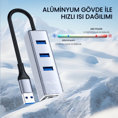 VegGieg USB ve Type-C Gigabit Ethernet Adaptörü 3 Port USB 3.0 Çoklayıcı Hub - 7