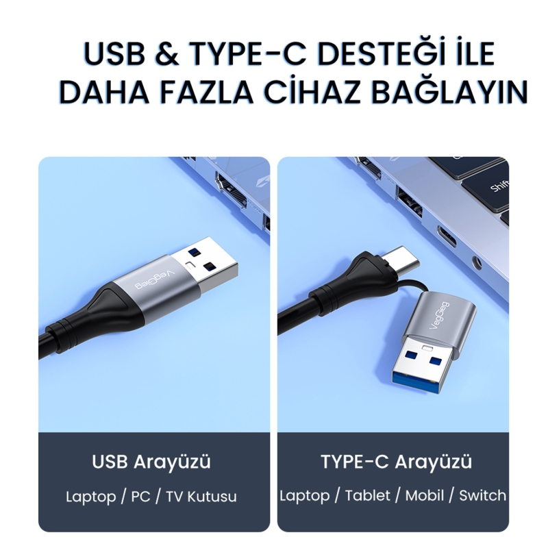 VegGieg USB ve Type-C Gigabit Ethernet Adaptörü 3 Port USB 3.0 Çoklayıcı Hub - 8