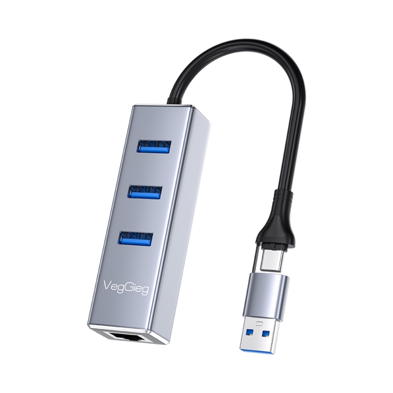 VegGieg USB ve Type-C Gigabit Ethernet Adaptörü 3 Port USB 3.0 Çoklayıcı Hub - 1