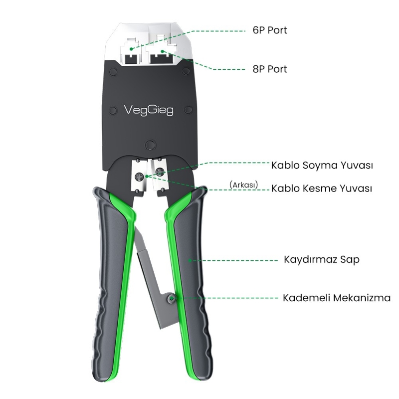 VegGieg RJ45 RJ11 RJ12 Jack Çakma Pensesi 6P/8P Ağ ve Telefon Kablosu Jak Kesme Soyma Sıkma Aleti - 10