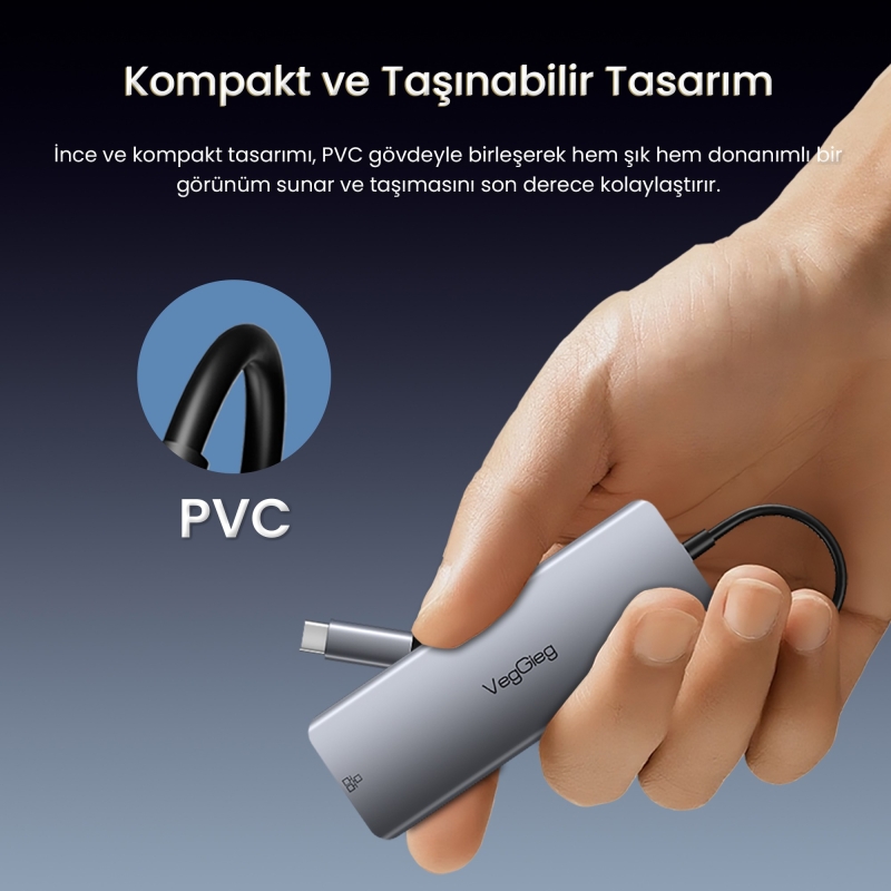 VegGieg Type-C to HDMI VGA Ethernet AUX 1*USB 3.0 2*USB PD100W TF SD Kart Okuyucu Çoklayıcı Dönüştürücü - 7
