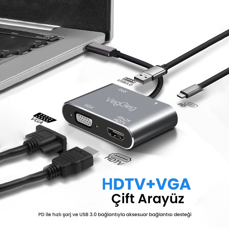 VegGieg Type-C 4K HDMI 1080P VGA USB 3.0 PD Dönüştürücü Çevirici Hub - 4