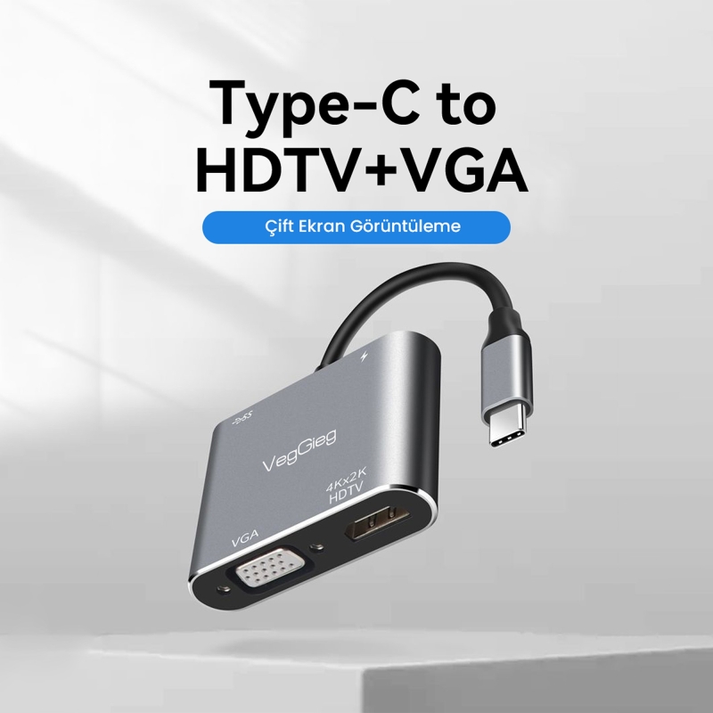 VegGieg Type-C 4K HDMI 1080P VGA USB 3.0 PD Dönüştürücü Çevirici Hub - 2