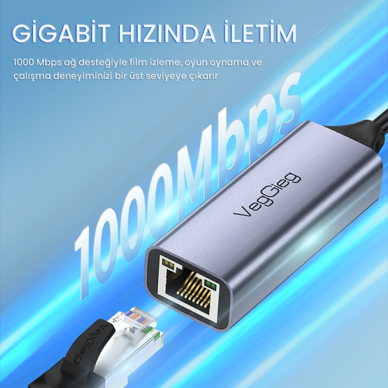 VegGieg Type-C 1000Mbps Gigabit Ethernet Adaptörü PC Mac Konsol Tv Box Uyumlu - 2