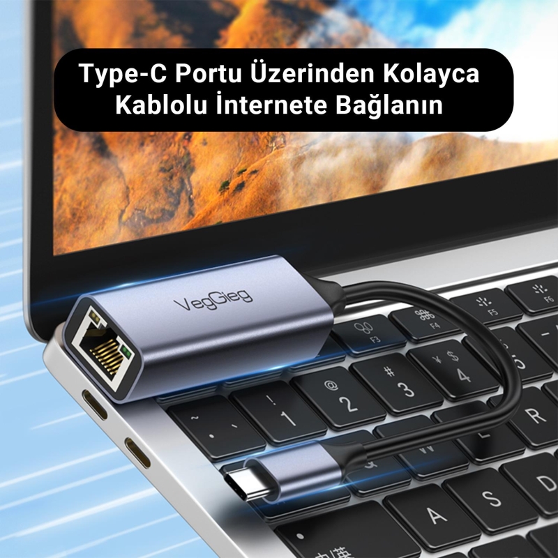 VegGieg Type-C 1000Mbps Gigabit Ethernet Adaptörü PC, Mac, Konsol, Tv Box Uyumlu - 3