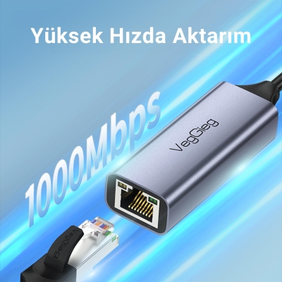 VegGieg Type-C 1000Mbps Gigabit Ethernet Adaptörü PC, Mac, Konsol, Tv Box Uyumlu - 4