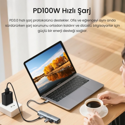VegGieg Type-C PD 100W 5 Portlu 4K 60Hz HDMI Gigabit Ethernet USB 3.0 Çoklayıcı Hub - 3