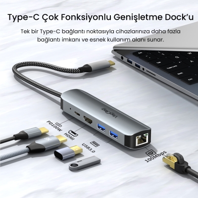 VegGieg Type-C PD 100W 5 Portlu 4K 60Hz HDMI Gigabit Ethernet USB 3.0 Çoklayıcı Hub - 5