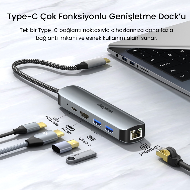 VegGieg Type-C PD 100W 5 Portlu 4K 60Hz HDMI Gigabit Ethernet USB 3.0 Çoklayıcı Hub - 5
