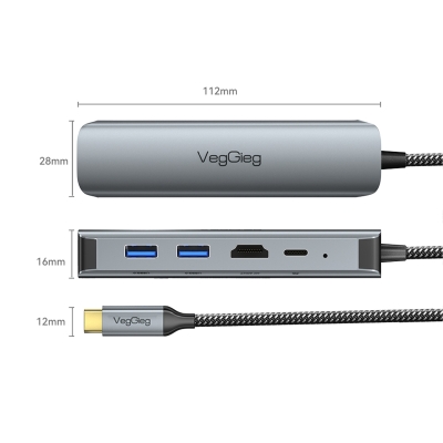 VegGieg Type-C PD 100W 5 Portlu 4K 60Hz HDMI Gigabit Ethernet USB 3.0 Çoklayıcı Hub - 7