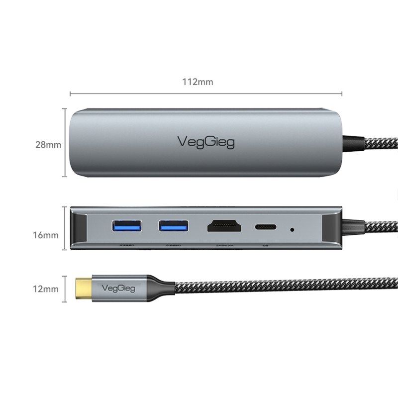 VegGieg Type-C PD 100W 5 Portlu 4K 60Hz HDMI Gigabit Ethernet USB 3.0 Çoklayıcı Hub - 7