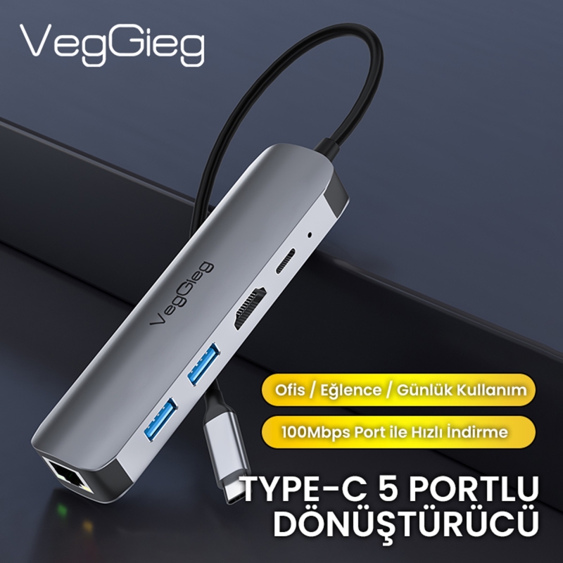 VegGieg Type-C PD100W 5 Portlu 4K 30Hz HDMI 100Mbps Ethernet USB 2.0 + USB 3.0 Çoklayıcı Hub - 2