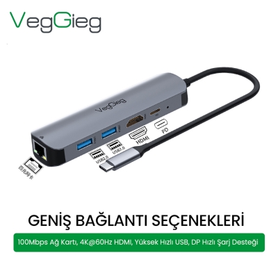 VegGieg Type-C PD100W 5 Portlu 4K 30Hz HDMI 100Mbps Ethernet USB 2.0 + USB 3.0 Çoklayıcı Hub - 3