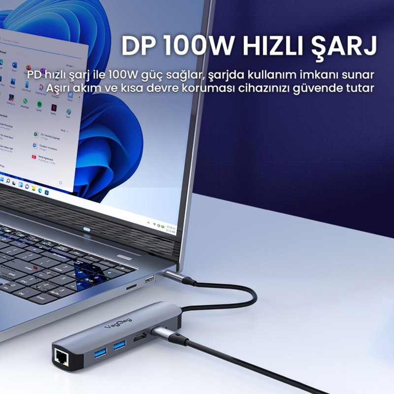 VegGieg Type-C PD100W 5 Portlu 4K 30Hz HDMI 100Mbps Ethernet USB 2.0 + USB 3.0 Çoklayıcı Hub - 5