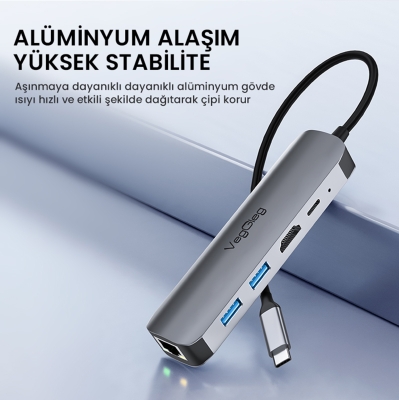 VegGieg Type-C PD100W 5 Portlu 4K 30Hz HDMI 100Mbps Ethernet USB 2.0 + USB 3.0 Çoklayıcı Hub - 8