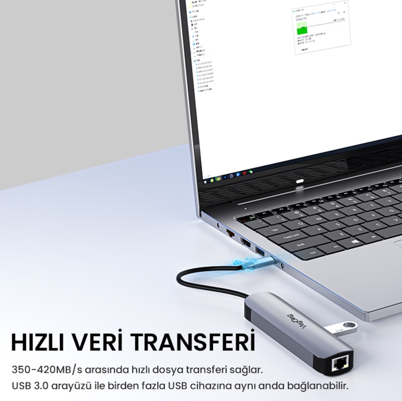 VegGieg Type-C PD100W 5 Portlu 4K 30Hz HDMI 100Mbps Ethernet USB 2.0 + USB 3.0 Çoklayıcı Hub - 6