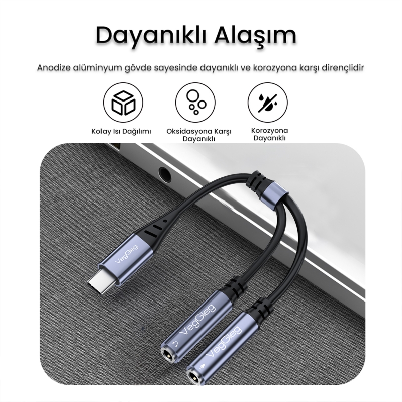 VegGieg Type-C to 3.5mm Aux ve Mikrofon Dönüştürücü Adaptör DAC Chip HiFi Ses Kartı - 4