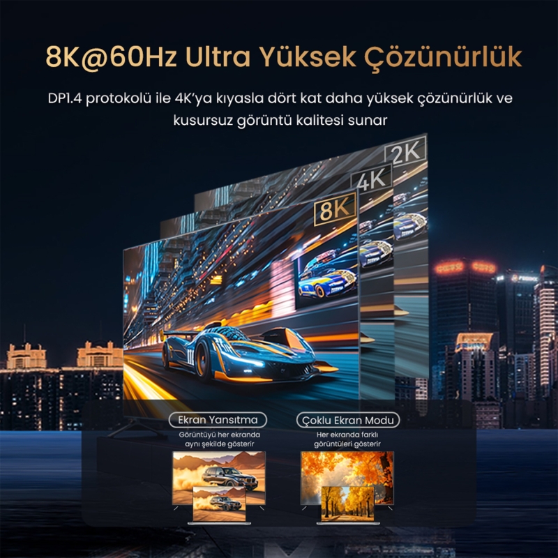 VegGieg Type-C to DP Kablo 8K 60Hz 4K 240Hz HDR ARC 48Gbps Örgülü Çift Yönlü Görüntü Kablosu 1 Metre - 3