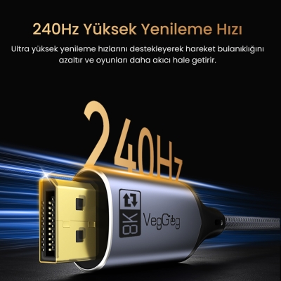 VegGieg Type-C to DP Kablo 8K 60Hz 4K 240Hz HDR ARC 48Gbps Örgülü Çift Yönlü Görüntü Kablosu 1 Metre - 2