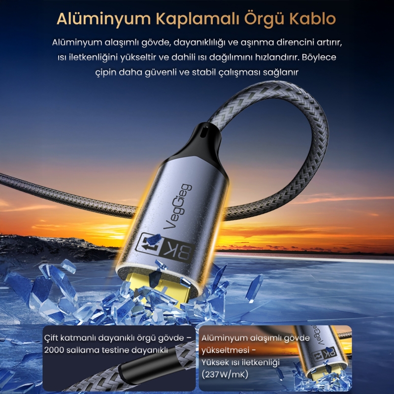 VegGieg Type-C to DP Kablo 8K 60Hz 4K 240Hz HDR ARC 48Gbps Örgülü Çift Yönlü Görüntü Kablosu 2 Metre - 4