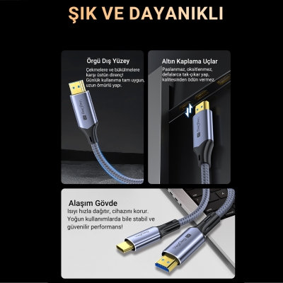 Veggieg Type-C to HDMI Kablo 8K 60Hz 4K 240Hz HDR 3D 48Gbps Örgülü USB-C to HDMI Kablo 2 Metre - 5