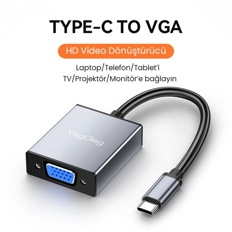 VegGieg Type-C to VGA 1080P 60Hz Çevirici Dönüştürücü Kablo Adaptör - 2