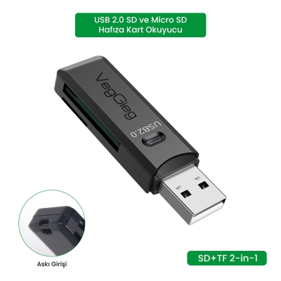 VegGieg USB 2.0 SD ve Micro SD Hafıza Kart Okuyucu Siyah - 3