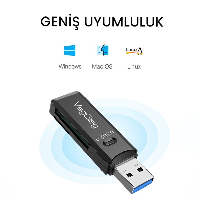 VegGieg USB 2.0 SD ve Micro SD Hafıza Kart Okuyucu Siyah - 7