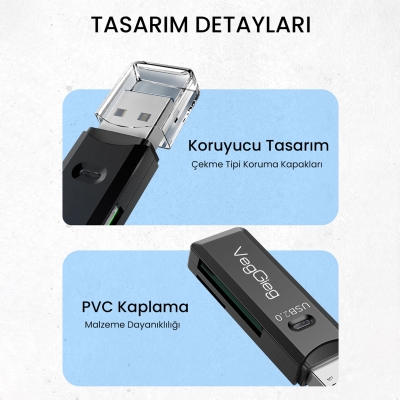 VegGieg USB 2.0 SD ve Micro SD Hafıza Kart Okuyucu Siyah - 8