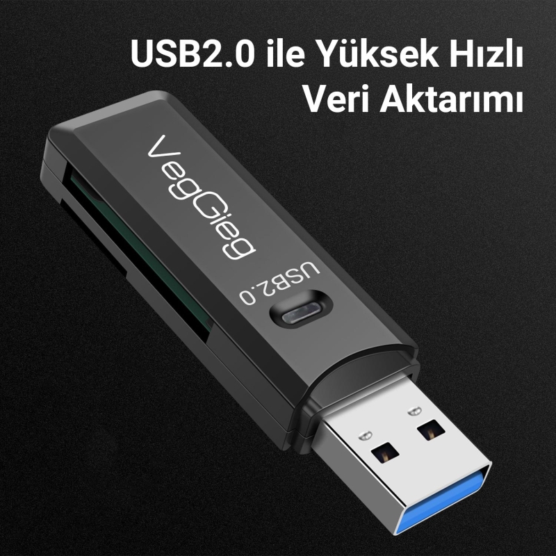 VegGieg USB 2.0 SD ve Micro SD Hafıza Kart Okuyucu Siyah - 3