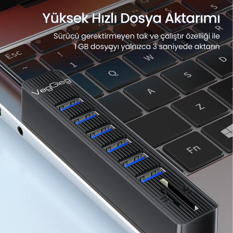 VegGieg USB 2.0 SD MicroSD Kart Okuyucu ve 6 Port USB Çoklayıcı Hub - 3