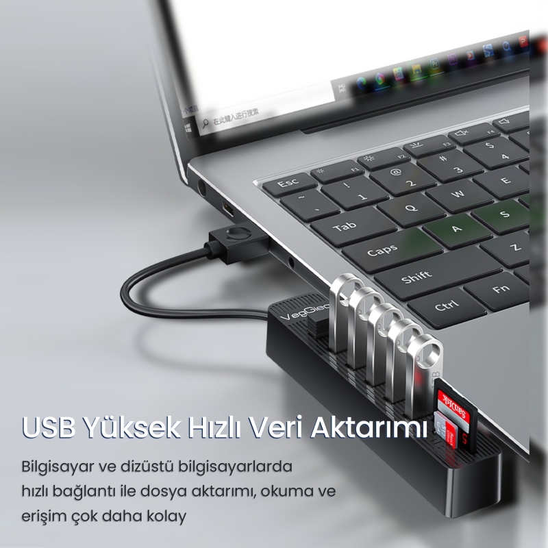 VegGieg USB 2.0 SD MicroSD Kart Okuyucu ve 6 Port USB Çoklayıcı Hub - 4