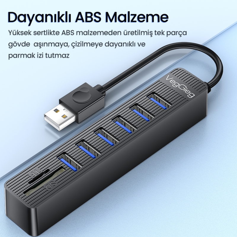 VegGieg USB 2.0 SD MicroSD Kart Okuyucu ve 6 Port USB Çoklayıcı Hub - 6