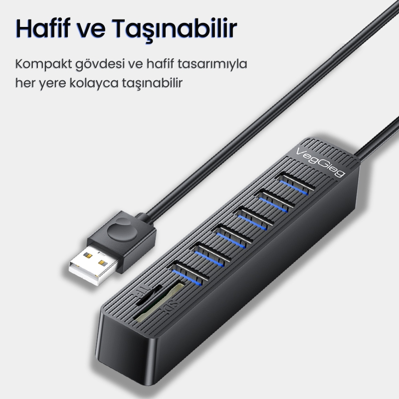 VegGieg USB 2.0 SD MicroSD Kart Okuyucu ve 6 Port USB Çoklayıcı Hub - 7