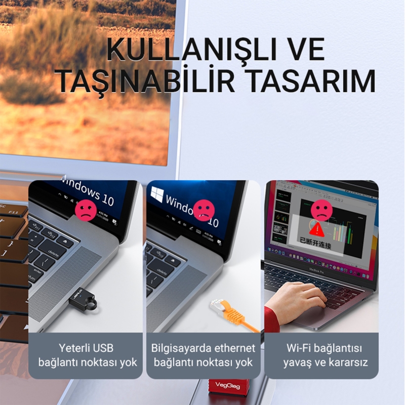 VegGieg USB 2.0 to 100Mbps Ethernet Çevirici ve 3 Portlu USB Hub Çoklayıcı - 3