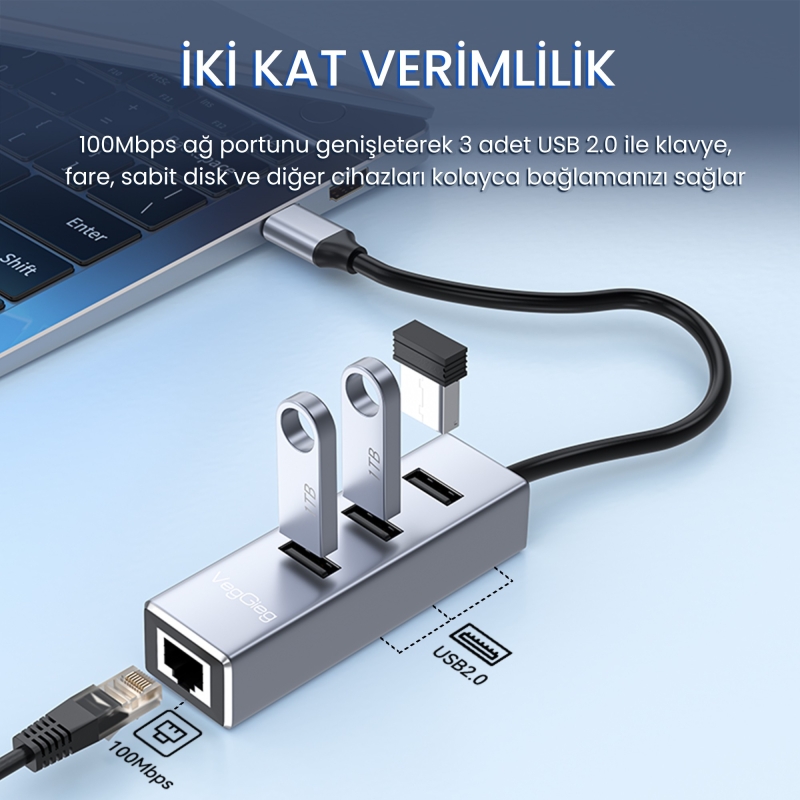 VegGieg USB 2.0 to 100Mbps Ethernet Çevirici ve 3 Portlu USB Hub Çoklayıcı - 3