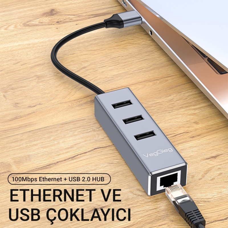 Veggieg USB 2.0 to 100Mbps Ethernet Çevirici ve 3 Portlu USB Hub Çoklayıcı - 2
