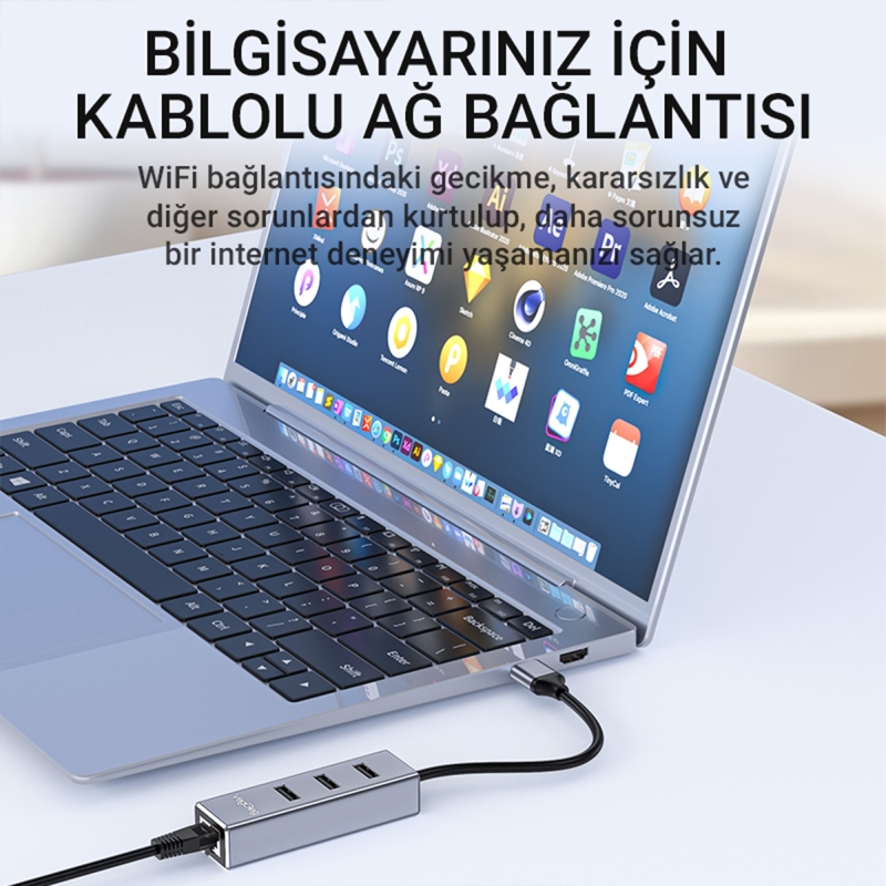 Veggieg USB 2.0 to 100Mbps Ethernet Çevirici ve 3 Portlu USB Hub Çoklayıcı - 4