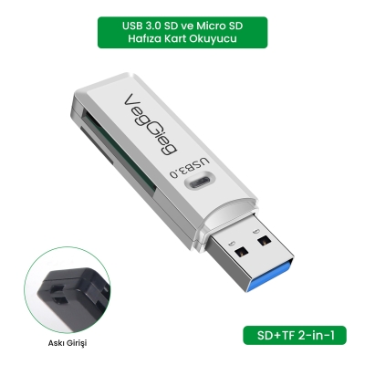 VegGieg USB 3.0 SD ve Micro SD Hafıza Kart Okuyucu Beyaz - 3