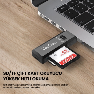 VegGieg USB 3.0 SD ve Micro SD Hafıza Kart Okuyucu Siyah - 6