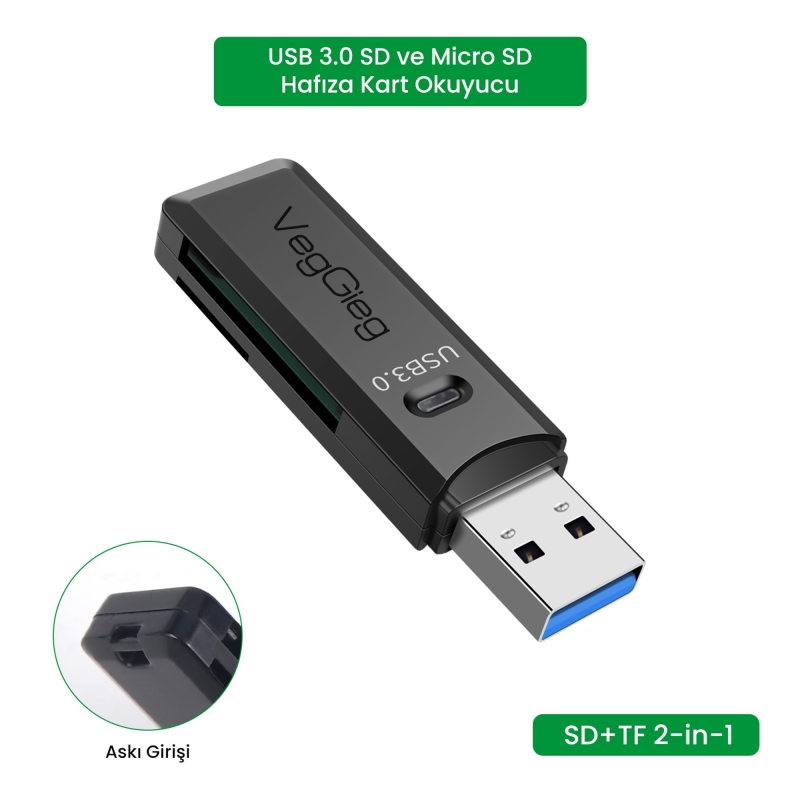 VegGieg USB 3.0 SD ve Micro SD Hafıza Kart Okuyucu Siyah - 3