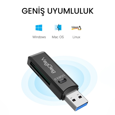 VegGieg USB 3.0 SD ve Micro SD Hafıza Kart Okuyucu Siyah - 7