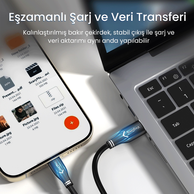 VegGieg USB 3.0 to Type-C 60W 10Gbps Data ve Şarj Kablosu 1 Metre - 4