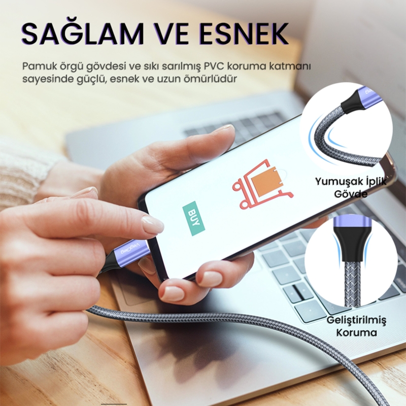 VegGieg USB 3.1 Type-C PD 100W 5A 10Gbps 4K 60Hz Destekli Kablo 2 Metre - 3